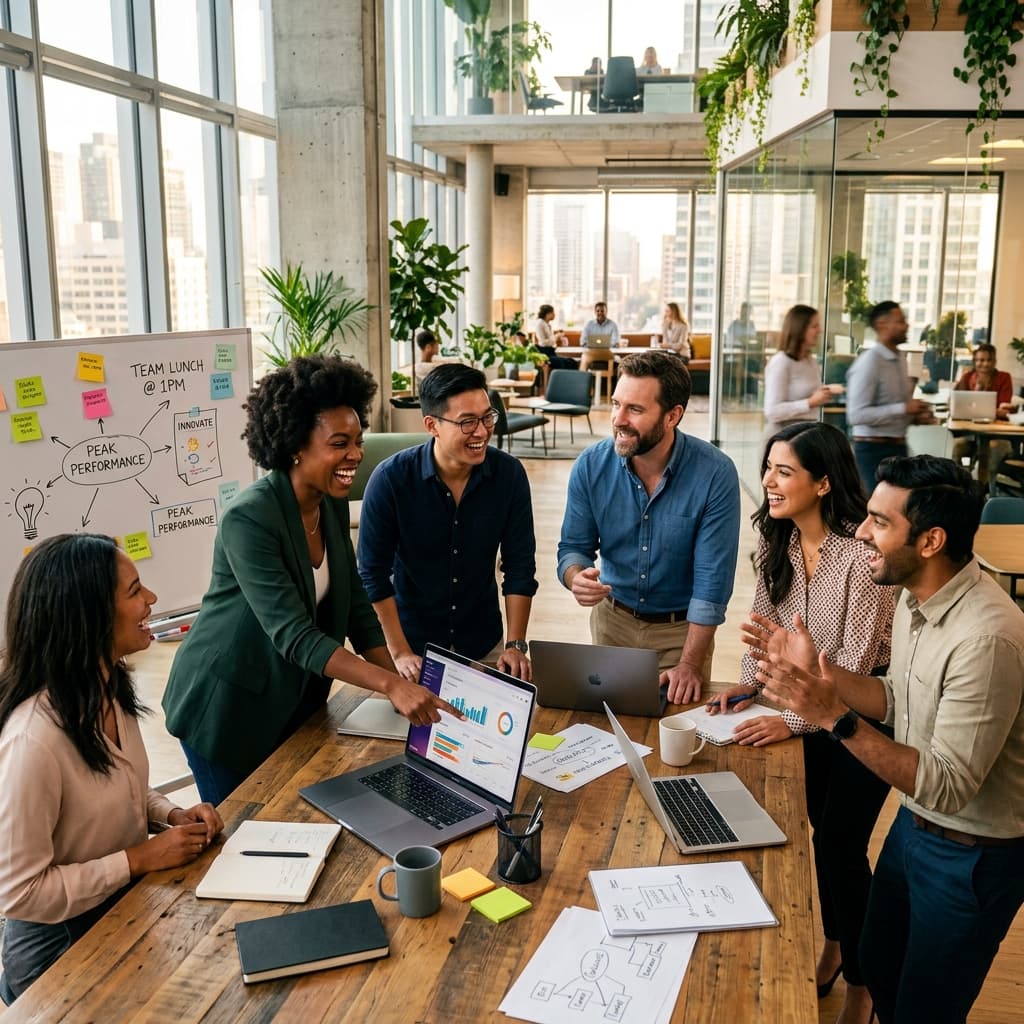 Vibrant modern workplace team collaborating