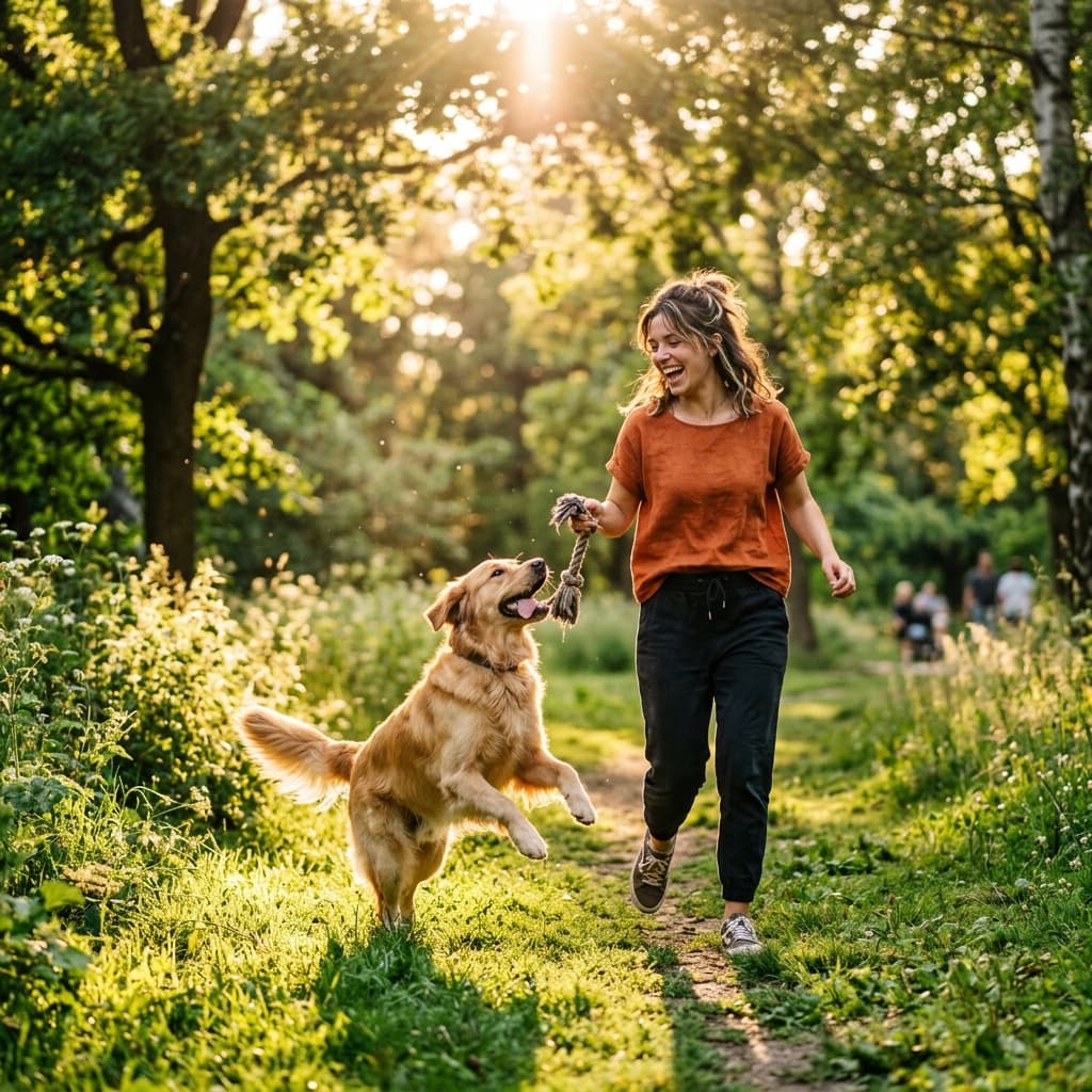 Energetic person playing with dog in park