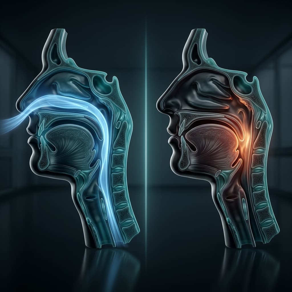 Cinematic visualization of airway obstruction during sleep showing optimal airflow vs potential obstruction