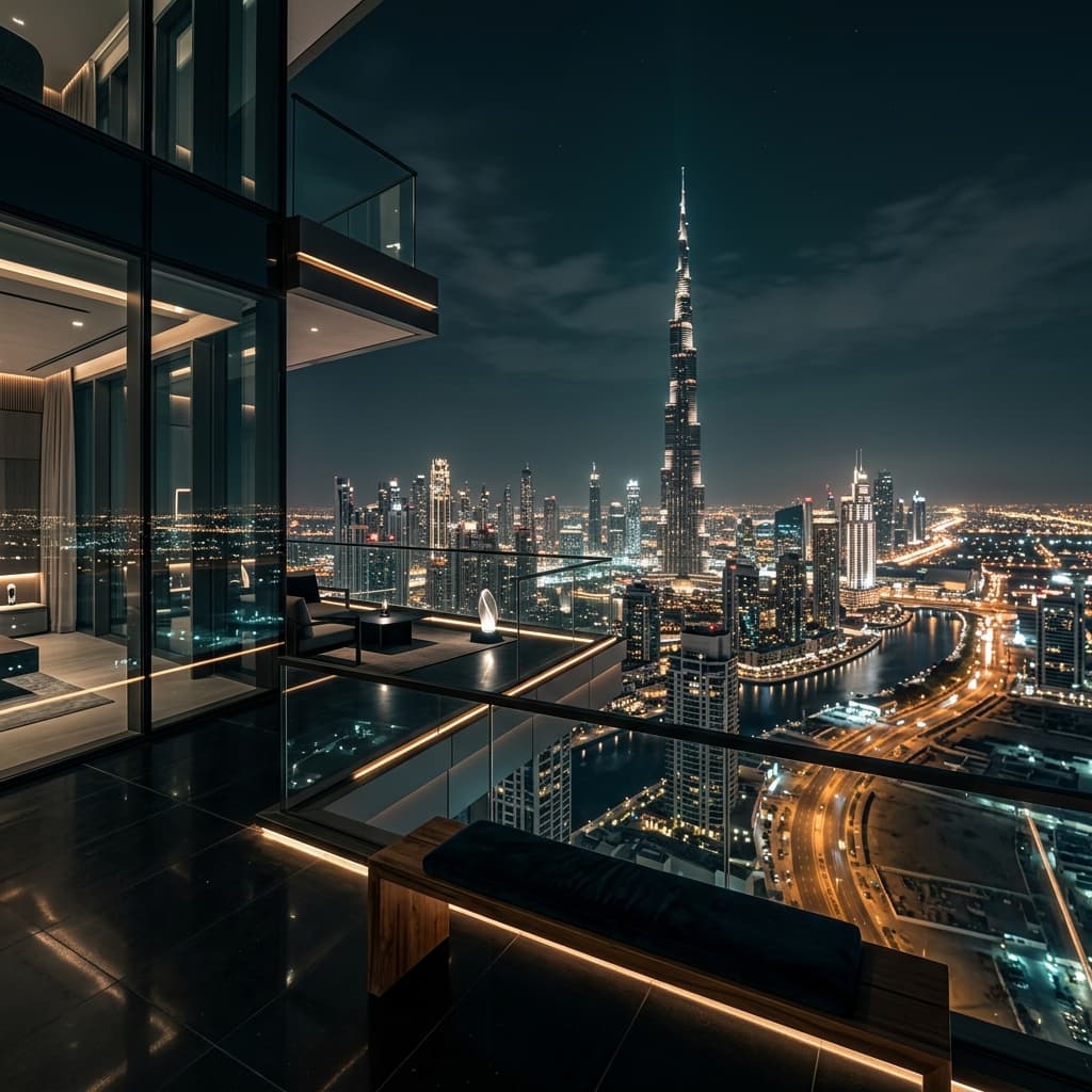 Ultra-luxury night view of the Dubai skyline from a premium obsidian penthouse balcony